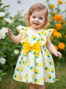 Baby Girls' Cute Yellow Strawberry Print Ruffle Collar Bow Decor Casual Dress, Suitable For Outings In Spring & Summer - Yellow - View 3