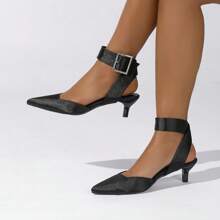 Große Größen Damen Lässige Spitze Zeh Schnallen Dekor Stilettos Schwarz Hohe Absatz Sandalen, vielseitig für EU & US Markt