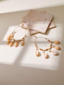 1 par de pendientes de aro colgantes con conchas y cuentas, estilo playa de verano para mujer, aretes a juego para vacaciones en la playa de estilo casual