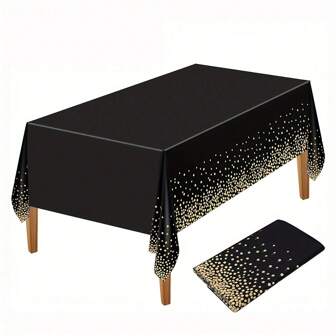 10pcs Valentine's Day, Valentines  Elegant Black & Golden Polka Dot Plastic Tablecloths, 54"X108", Machine-Made For Parties, Valentine's Day, BBQs, Weddings, Fine Dining - Chic Disposable Table Covers Party For Valentines Decorations Summer Birthday Gifts Beach Back To School School Supplies Room Decor