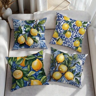 4 件柠檬印花抱枕套，柔软桃色天鹅绒材质，单面印花，45*45 厘米