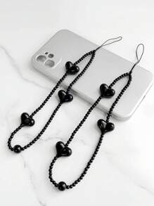 1pc New Fashionable Mobile Phone Hanging Rope Short Style Female Creative Black Heart Beaded Phone Chain Accessories Earphone Bag Decoration Suitable For Giving Girlfriend Holiday Gifts