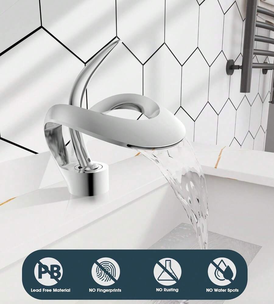 Elegant Waterfall Single Handle 1-Hole Bathroom Vessel Sink Faucet Bathroom Faucet Solid Brass Bathroom Vessel Sink Faucet Vanity Sink Faucet Mixer Basin Tap - 鉻合金 - 查看 1