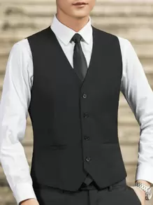 Korean Fashionable Men's Vest Waistcoat, Slim Fit Solid Color Formal Design With 4 Buttons, Korean Style Sleeveless Jacket For Men