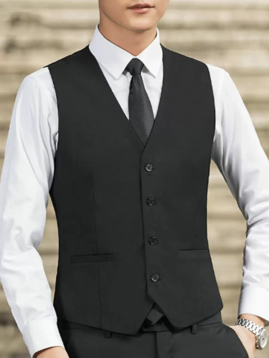 Korean Fashionable Men's Vest Waistcoat, Slim Fit Solid Color Formal Design With 4 Buttons, Korean Style Sleeveless Jacket For Men