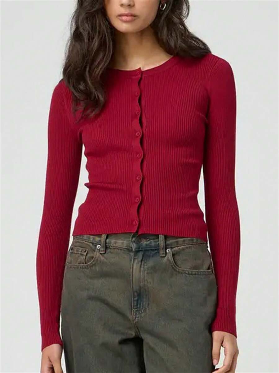 Cárdigan de punto de unicolor de manga larga con cuello redondo y abotonado para mujer, de punto acanalado, para otoño - Burdeos - Ver 1
