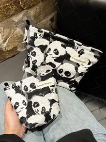 1 pieza Bolsa de maquillaje con estampado de panda, estuche de lona para cosméticos, bolsa de artículos de aseo, organizador de viaje, bolso de mano, bolsa de ropa interior