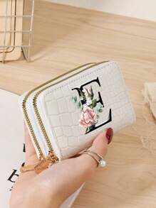 Portacarteras de mujer con textura de cocodrilo y piedra, con múltiples ranuras para tarjetas, bolsillo con cierre de doble cremallera para monedas y ventana para identificación - Impresión personalizada con letra del alfabeto A-Z, diseño de hojas verdes y flores rosas, organizador de tarjetas portátil y funcional para tarjetas de crédito