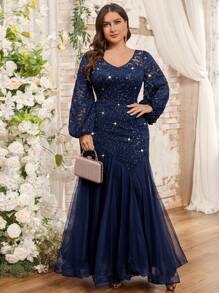 Plus Size Elegant V Neck Sequin Floral Lace Lantern Sleeve Contrast Mesh Mermaid Hem Formal Party Long Dress, Wedding Guest Dress, For Birthday - Navy Blue - View 11