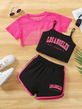 3pcs/Set Tween Girls' Summer Casual Sports Style Mesh Asymmetrical Tee, Floral Print Camisole And Shorts Set