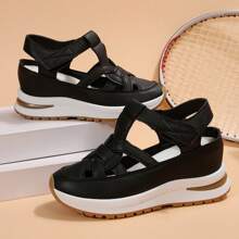 1 Pair Women's New White Wedge Platform Hollow Breathable Lightweight Non-Slip Roman Sandals, Hook And Loop Fashion Versatile Black Sneakers