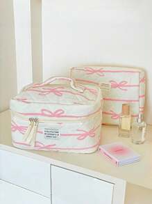 1 Pc Korean Style Pink Bowknot Makeup Bag Travel Large Cosmetic Storage Bag Portable Washing Bag