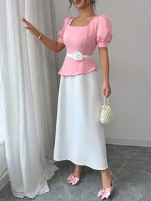 Floral Decor Zipper Puff Sleeve Square Neck Woven Dress - Pink - View 5