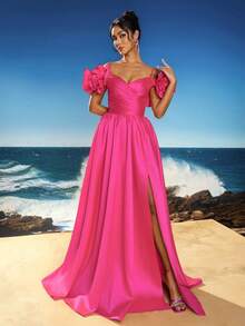 Robe de soirée longue élégante à épaules dénudées, avec fente à la cuisse, convient aux occasions formelles, aux robes de fête, aux robes de invités de mariage - Rose vif - Voir 5