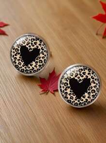 1 par de aretes tipo botón con estampado de leopardo y forma de corazón, de acero inoxidable, como regalo para el Día de la Madre