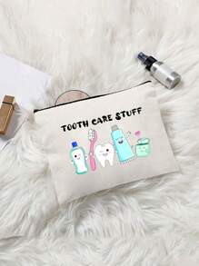 Playful Fun, Youngsters' Dental Care Travel Pouch - "Tooth Care Stuff" Canvas Case Ideal For Toothbrush, Toothpaste & More - Fun & Educational Design - Ideal For Boys & Girls, Adult Office Gift Back To School Supplies