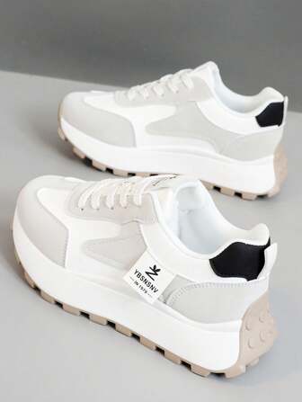 New 2024 Autumn Season Women Thick Sole Chunky Sneakers, Breathable Platform Lace-Up Colorblock Casual Sport Shoes