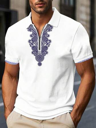 1 件男士时尚针织高尔夫 Polo 衫，图案复古印花短袖领休闲高尔夫衬衫，常规版型弹力面料夏季上衣