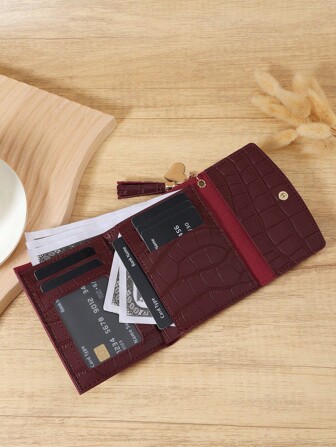 Burgundy Bag Charry Red Bag Wine Red Bag,Fashionable Tri-Fold Women's Short Wallet With Crocodile Texture And Heart-Shaped Hardware, Premium Leather Material, Multi-Card Slots For Credit Card, Bank Card, And Coin Storage, Compact Design For Bills And Coins, Tassel Pendant For Stylish Look, Perfect For Travel, Work, And Daily Use, Ideal Gift For Girlfriend, Mother, Or Teacher, And Elegant Design