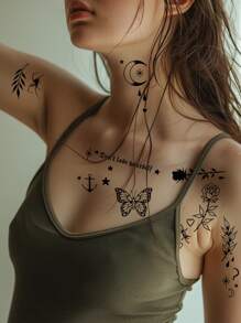 1 pièce de tatouage temporaire mixte pour femmes, autocollant d'art corporel imperméable, avec des motifs réalistes et sexy de fleurs, papillons, étoiles, lune, feuilles, etc.