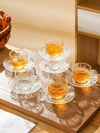 1 Set - Glass Coffee Cup & Saucer Set - Small Espresso Cups With Handles - Mini Glass Cups, Transparent Glass Coffee Cup Set - 6 Cups + 6 Saucers - Gift For Coffee Lovers