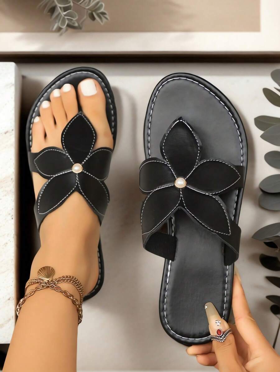 花卉时尚软底编织圆头防水平底拖鞋，夏季