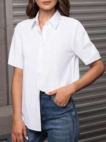 女士休闲百搭纯色短袖衬衫 - 白色 - 查看 4