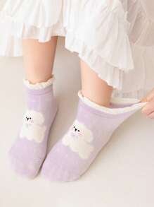 5 paar ademende mesh cartoon dierenprint kant trim mid-calf sokken voor kinderen, geschikt voor lente/zomer