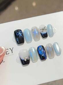 10pcs Premium Ins Style Black & Blue Aurora Elegant Crystal Butterfly Nail Stickers, Handmade Detachable Decals