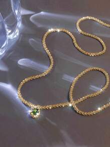 Nooxian 1pc Olive Green Zirconia Pendant Necklace For Women, Shimmering Collarbones Chain Jewelry - Yellow Gold - View 3