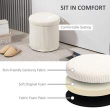 HOMCOM 40cm Round Storage Ottoman, Corduroy Footstool With Removable Lid And Legs, Vanity Stool For Living Room, Bedroom - Beige - View 5