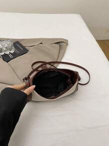 Vintage Contrast Color Block Linen Texture Large Capacity Shoulder Bag, 2025 Spring Fashion Crossbody Armpit Crescent Shaped Bag - Brown - View 6