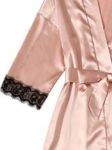 Women' Silk Satin Pajamas Set 4pcs Lingerie Floral LaceCami Sleepwear With Robe Lotus Root Pink - Dusty Pink - View 6