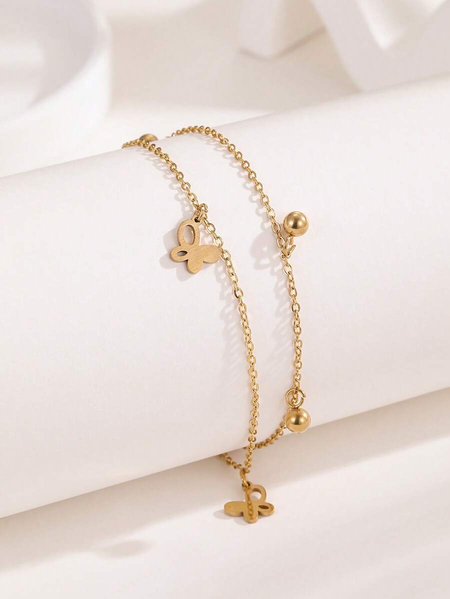 1 件女士金色双层幸运串珠蝴蝶脚链，时尚、奢华、百搭，适合海滩、日常生活等场合 - 金黃色 - 查看 1