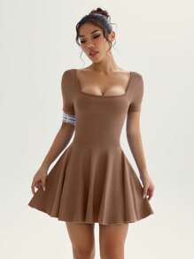 TCVC Women's Short Sleeve Cross Back Sports Dress, Solid X Back, Short Sleeve Square Neck Tennis Dress, Indoor/Outdoor Sports & Yoga, Skin-Friendly Fabric, Slim Fit