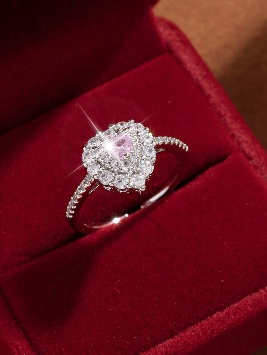 1 件时尚甜美复古风格粉红水晶心形开口戒指，精致奢华金色精致优雅女士戒指首饰