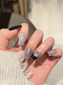 10pcs Premium Ins Style Black & Blue Aurora Elegant Crystal Butterfly Nail Stickers, Handmade Detachable Decals