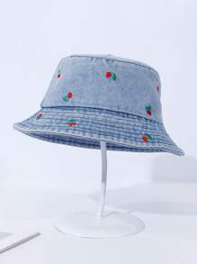 1pc Kids Embroidered Pattern Sun Protection Casual Distressed Bucket Hat, Suitable For Outdoor Activity And Daily Use