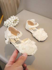 1 Pair Girls Fashion Elegant Minimalist Pearl Embroidery Breathable Mesh Bowknot Decor PU Princess Flats, Soft Non-Slip Easy To Wear, Suitable For Dresses And Piano Performance, All Season