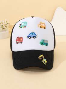 1 Peça Boné de Verão Respirável de Malha com Remendo Estampado de Carro em Série para Meninos Pequenos, Remendo de Couro Macio DIY, Decoração de Caminhão Cartoon 3D, Proteção Solar, Poliéster, Estilo Coreano