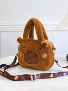 时尚水豚图案毛绒斜挎包，可用作单肩包、手提包和休闲包，新款秋冬女包，最佳钱包。 - 棕色 - 查看 3