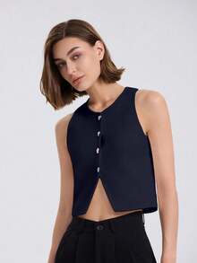 1pc Women Single-Breasted Round Neck Split Hem Knit Sweater Vest, Spring/Autumn - Navy Blue - View 5