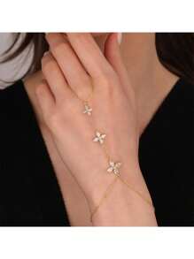 1 pieza Brazalete con anillo floral conectado, decoraciones elegantes y versátiles de cadena de mano con zirconia sintética para mujeres