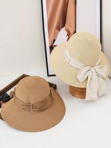 1 pieza Sombrero de paja de verano de unicolor para mujer, sombrero redondo de moda versátil y casual con decoración de perlas y moño, adecuado para compras diarias