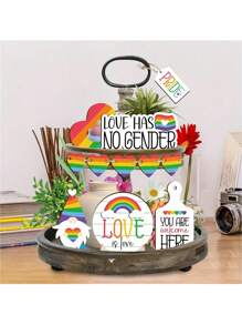 12 piezas Decoración para bandeja de varios niveles del Mes del Orgullo LGBTQ+, letreros de madera con arcoíris "El amor gana", "El amor no tiene género" para decoración del hogar y cocina, suministros para fiesta del Orgullo LGBTQ+ (sin bandeja)