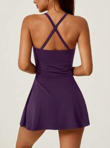 NcmRyu 1 套女士无缝高弹防闪光衬里带衬垫瑜伽和网球纱连衣裙