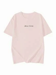 Camiseta casual de mujer de verano con cuello redondo, hombros caídos y estampado de letras, de corte holgado - Rosa - Ver 2