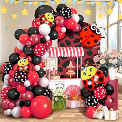 Kit de arco con 112 globos con tema de mariquita en rojo, negro y blanco, que incluye globos con forma de mariquita, globos con estampado de lunares rojos, negros y blancos, adecuado para primer cumpleaños, boda, fiesta con tema de insectos, decoración de fondo