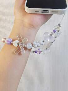 Fresh Small Beaded Bracelet With Bowknot & Purple Flower Pendant, Handmade Chain, Detachable Strap, Anti-Lost Lanyard