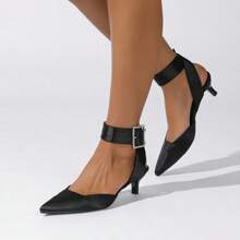 Große Größen Damen Lässige Spitze Zeh Schnallen Dekor Stilettos Schwarz Hohe Absatz Sandalen, vielseitig für EU & US Markt